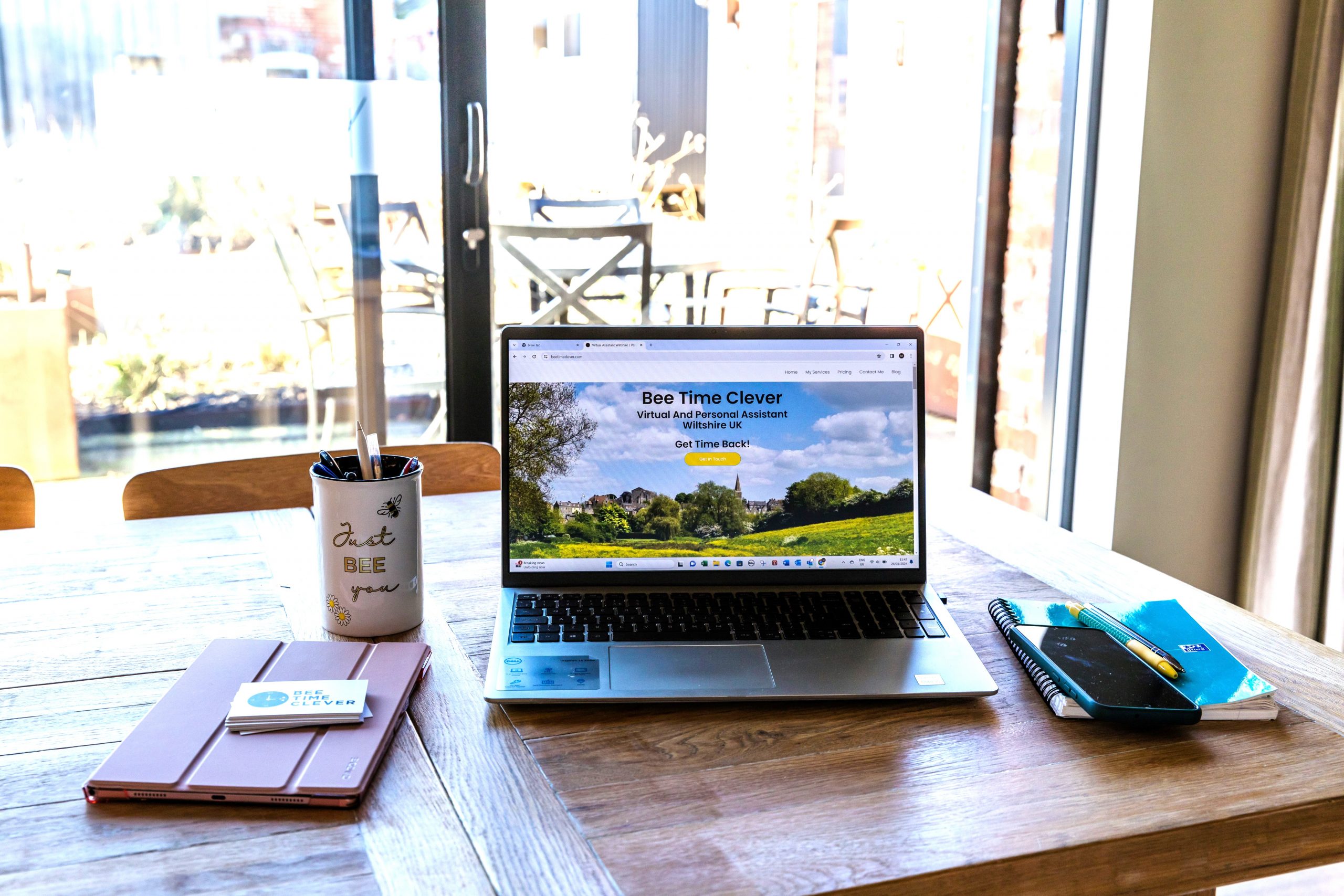 Regular Virtual Assistant Services in Wiltshire and Somerset. Bee Time Clever website on laptop on table